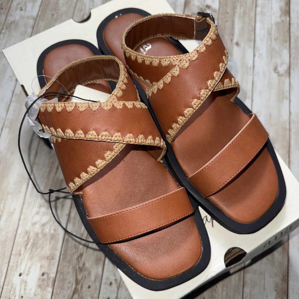 Ana Womens Size 9 M Sandals Vest Cognac Crisscross Strappy Embroidered Shoes New
